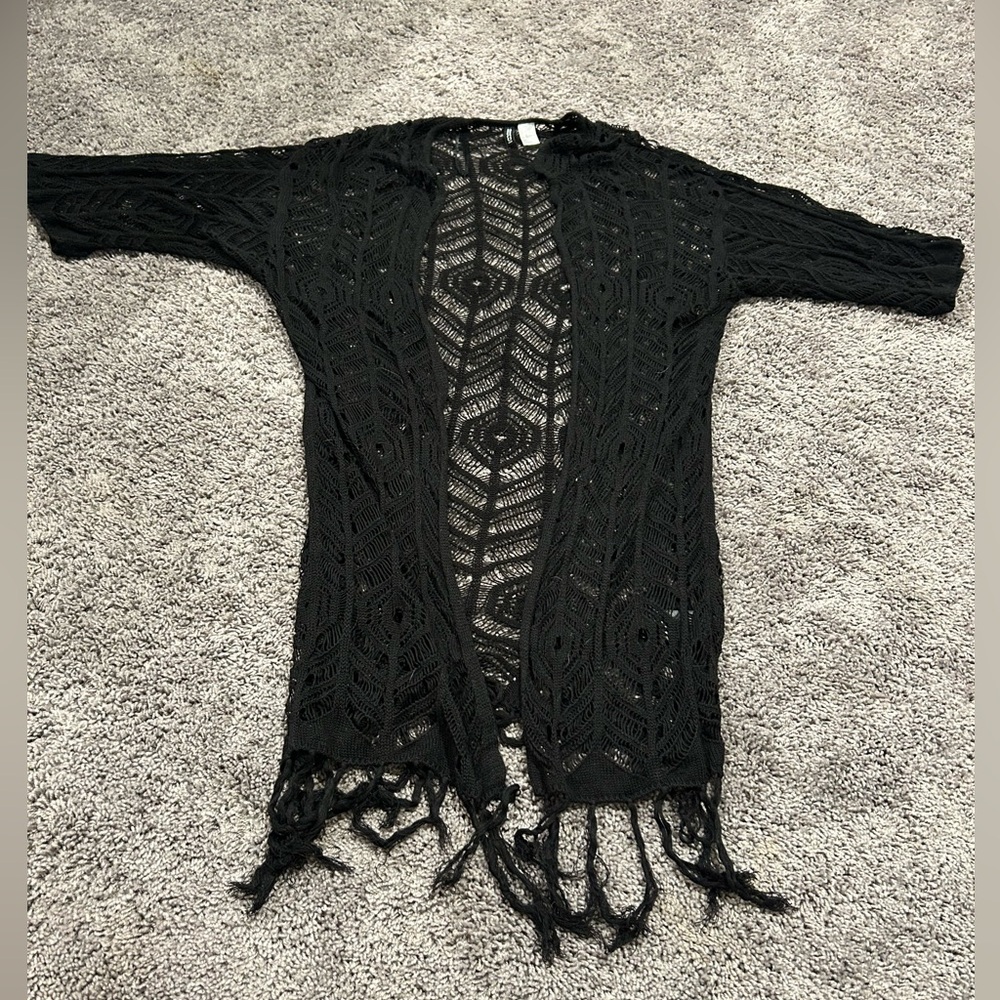 Black floor-length knitted cardigan